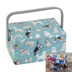 SEWING BASKET Dogs Design Medium Size Available with or without Quality Sewing Kit image 1