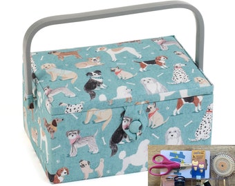 SEWING BASKET Dogs Design Medium Size Available with or without Quality Sewing Kit