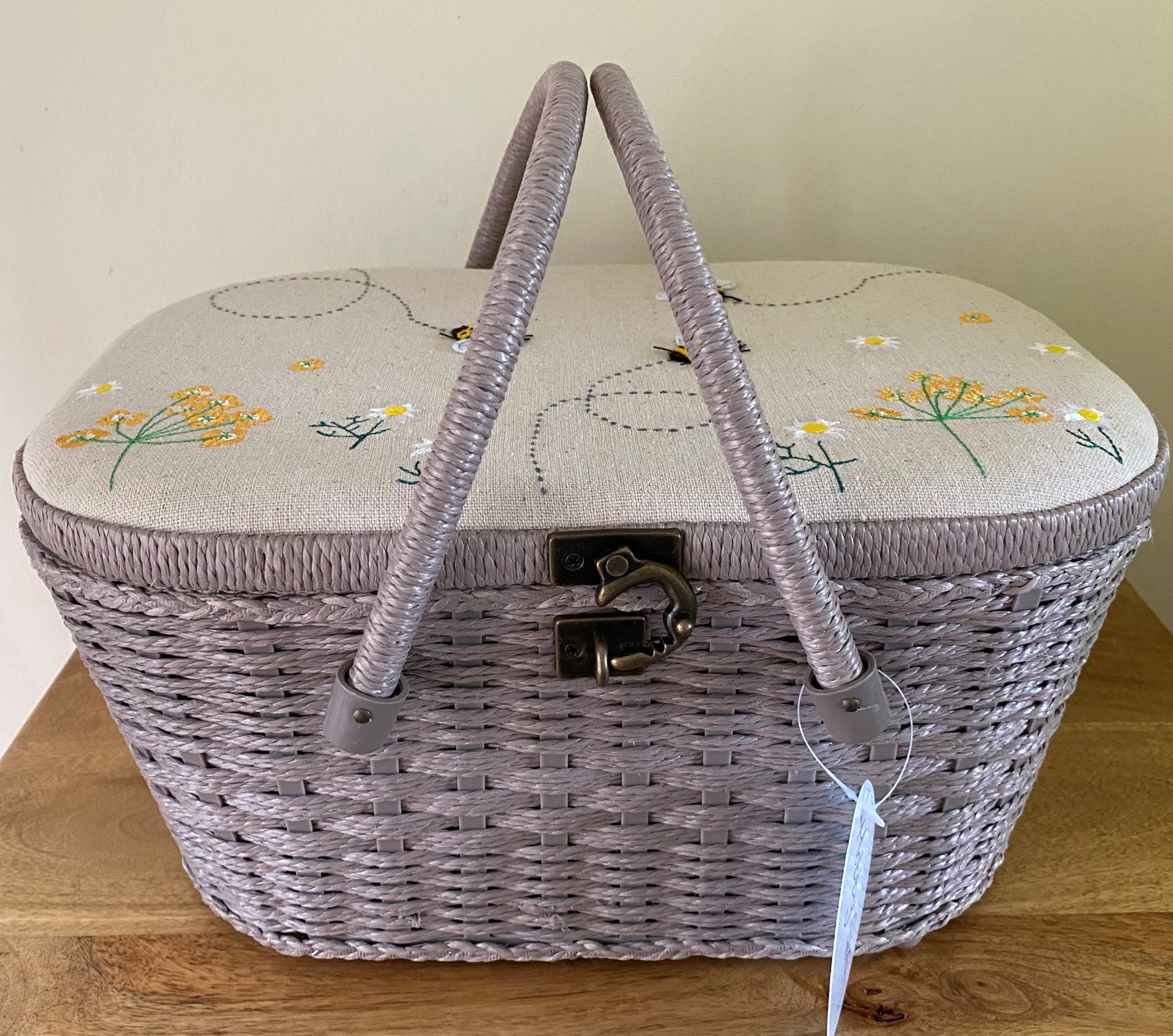 SEWING BASKET 'bee' Design Grey Wicker Large Size Twin Lids 