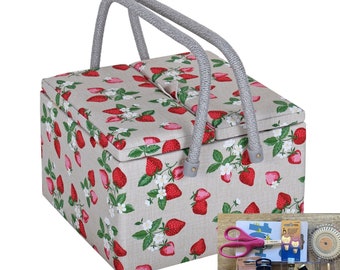 SEWING BASKET BOX Strawberries Design Large Twin Lid Size Available with or without Sewing Accessory Kit