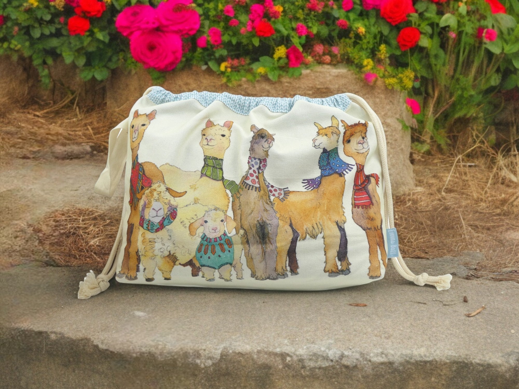 Alpacas and Friends Design KNITTING & CROCHET Drawstring Bag by Emma Ball