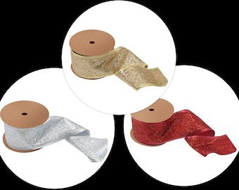 63mm Wide Glitter Sparkle Wired Edge Ribbon Red,Gold & Silver