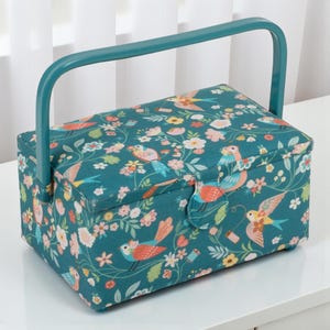 Medium Sewing Basket Bird Aviary Design Turquoise Floral & Bird Print