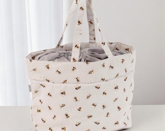 Bee Knitting & Craft Storage Bag. Cotton Padded Tote with Drawstring