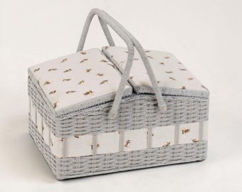 Bee Sewing Basket: Large Wicker Craft Organizer with Twin Lids