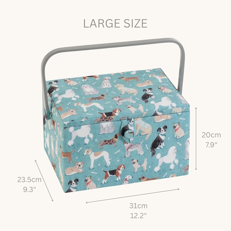 May include: A large rectangular sewing basket with a teal fabric cover featuring a multi-colored dog pattern, a grey handle, and a button closure. The dimensions are 12.2 inches wide, 9.3 inches deep, and 7.9 inches high, as indicated by the text.