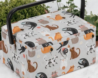 SEWING BASKET Cats Design Medium Size Available with Optional Quality Sewing Kit