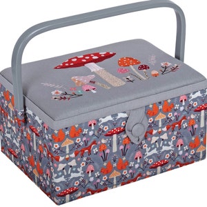 SEWING BASKET BOX Woodland Toadstool Design With an Embroidered Lid Medium Size Available with or without Sewing Accessory Kit SEWING BASKET ONLY