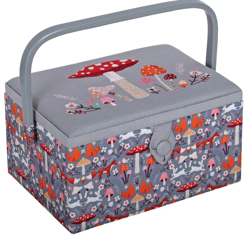 SEWING BASKET BOX Woodland Toadstool Design With an Embroidered Lid Medium Size Available with or without Sewing Accessory Kit SEWING BASKET ONLY