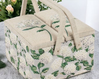 SEWING BASKET HYDRANGEA Design Large Twin Lid. Available with Optional Quality Sewing Kit