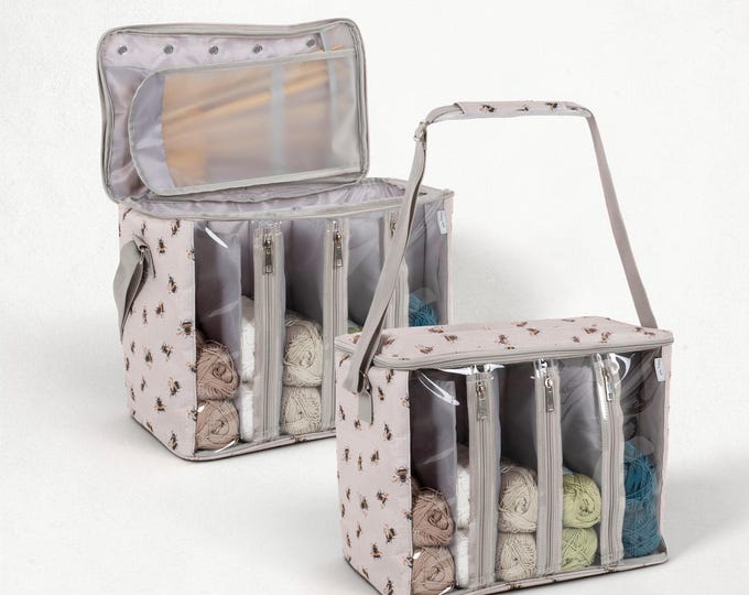 Bee Knitting Bag with Yarn Storage and Clear Front. Large Crochet Project Organiser