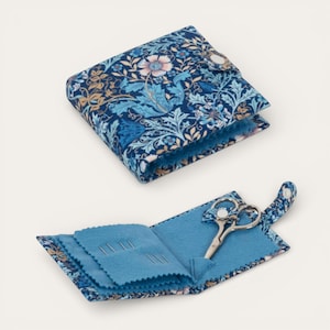 WOODBLOCK FLORAL Needle Case with Scissors, Pins & Needles. Navy Floral Fabric