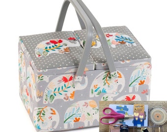 Sewing  Basket Box 'APPLIQUE ELEPHANTS' Design Large Twin Lid with Optional Sewing Kit Available