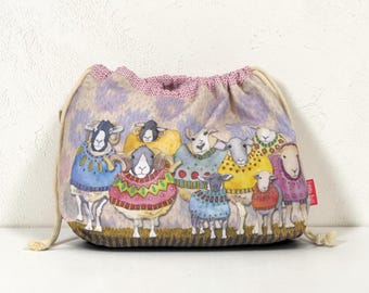 Emma Ball Sheep in Sweaters Drawstring Bag. Knitting & Crochet Yarn Storage. Personalisation Available