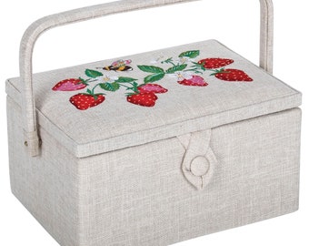 SEWING BASKET BOX Strawberries Design With an Embroidered Lid Medium Size Available with or without Sewing Accessory Kit
