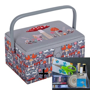 SEWING BASKET BOX Woodland Toadstool Design With an Embroidered Lid Medium Size Available with or without Sewing Accessory Kit BASKET + SEWING KIT