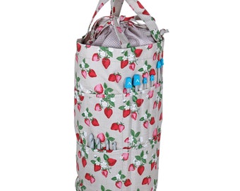 TALL CYLINDRICAL KNITTING Bag 'Strawberries' Design with Drawstring Top and Outer Pin Storage