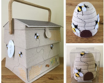 LARGE BEE HIVE Sewing Basket & Matching Pin Cushion Fabulous Design