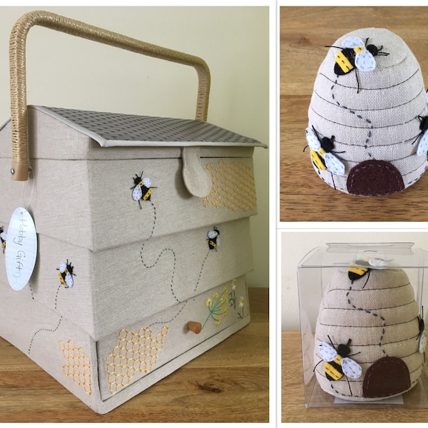 LARGE BEE HIVE Sewing Basket & Matching Pin Cushion Fabulous Design