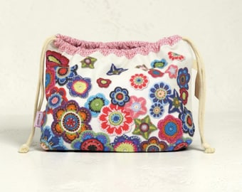 Emma Ball Floral Crochet Motif Drawstring Bag. Knitting & Crochet Project and Yarn Storage