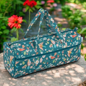 SAC À TRICOTER LONG Design « Bird Aviary » Magnifique tissu d'oiseaux et de fleurs de grande qualité
