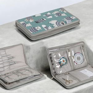 May include: A grey zipped case with a light blue and white patterned design featuring a variety of animals. The case is open to reveal a grey interior with multiple compartments and pockets for storing needles, thread, and other sewing supplies.