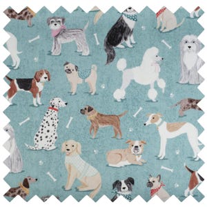 May include: A teal fabric swatch featuring a repeating pattern of various dog breeds in different colors, including a white poodle, a spotted dalmatian, and a brown pug, interspersed with small white bone icons and paw prints across the surface.