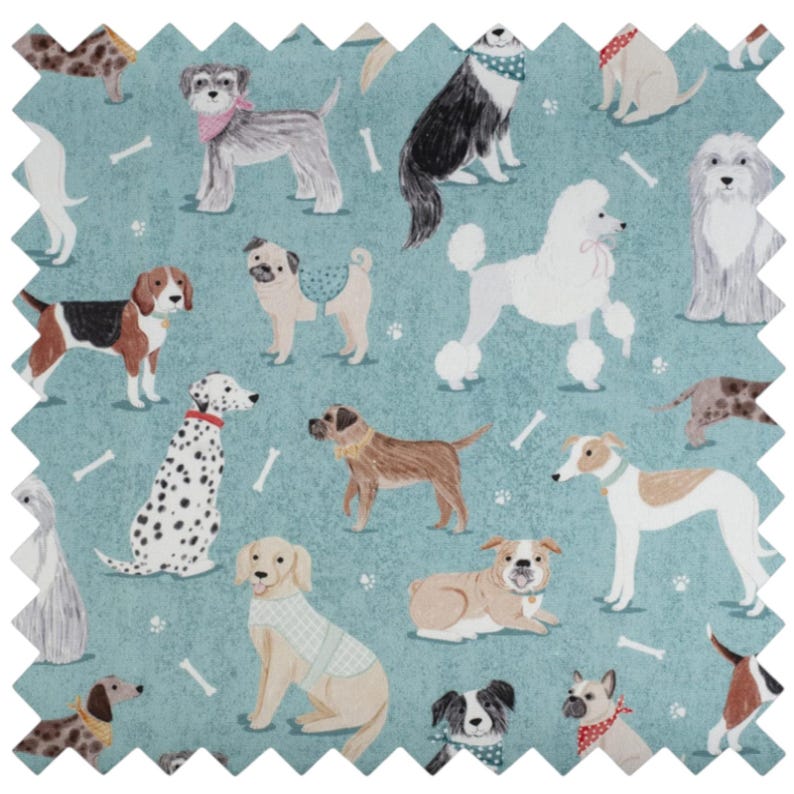 May include: A teal fabric swatch featuring a repeating pattern of various dog breeds in different colors, including a white poodle, a spotted dalmatian, and a brown pug, interspersed with small white bone icons and paw prints across the surface.