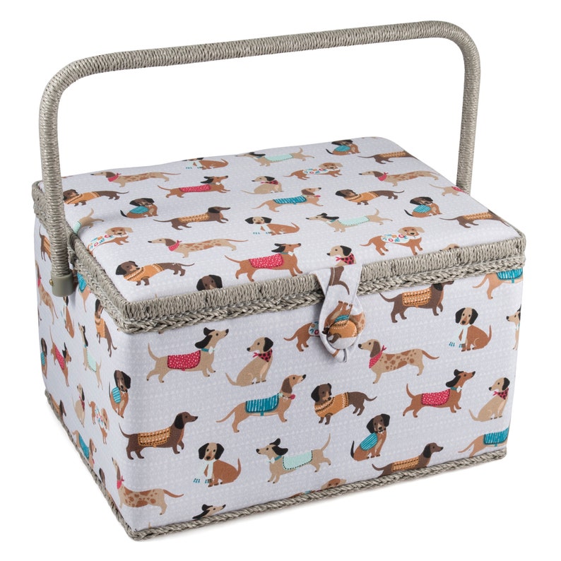 SEWING BASKET Sausage Dog Design Large Size with Optional Sewing Kit Available Basket Only