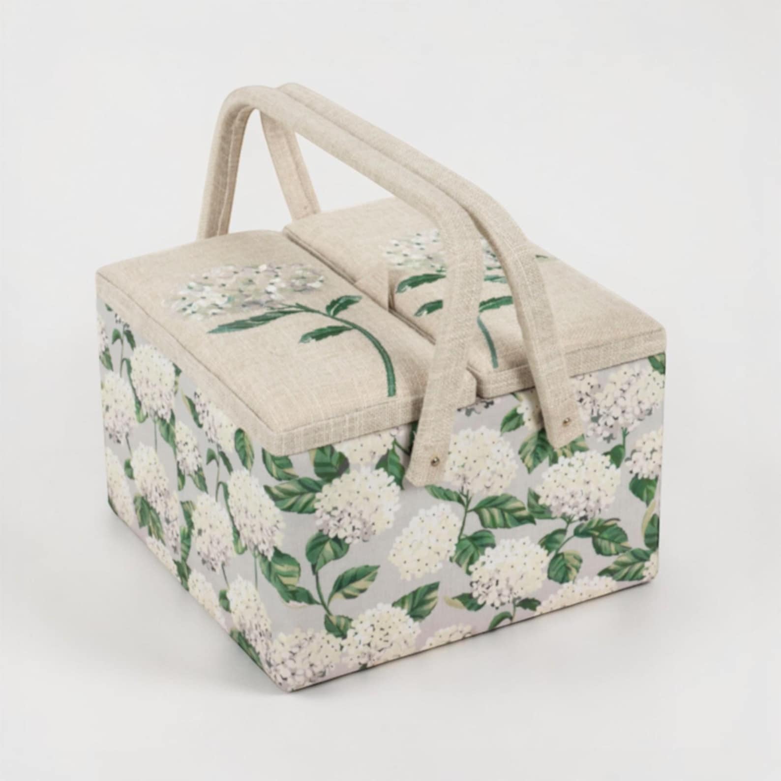 Sewing Basket Hydrangea Embroidered – Large Fabric Craft Box with Storage Tray