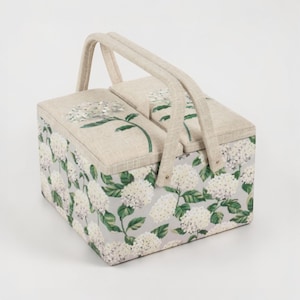 Sewing Basket Hydrangea Embroidered  – Large Fabric Craft Box with Storage Tray