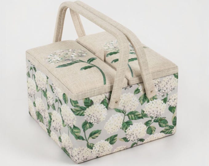 Sewing Basket Hydrangea Embroidered  – Large Fabric Craft Box with Storage Tray