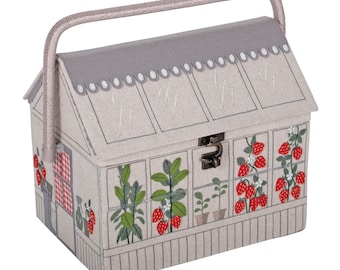 SEWING BASKET 'Strawberry Greenhouse' Design Unique shape Stunning Appliqued & Embroidered Strawberries