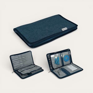 May include: A blue fabric sewing kit with a zip closure. The kit is shown closed and open, revealing compartments for needles, scissors, thread, and other sewing supplies. The interior has a striped pattern.