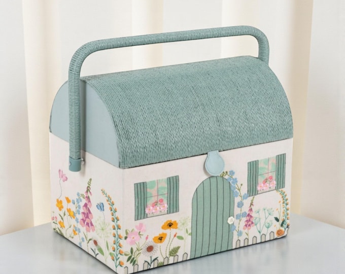Country Cottage Sewing Box. Embroidered Floral Sewing Basket. Cottagecore Storage with Tray & Handle