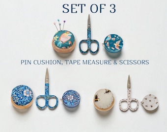 MATCHING SEWING SET ~ Tape Measure, Pin Cushion & Scissors 3 Designs Available