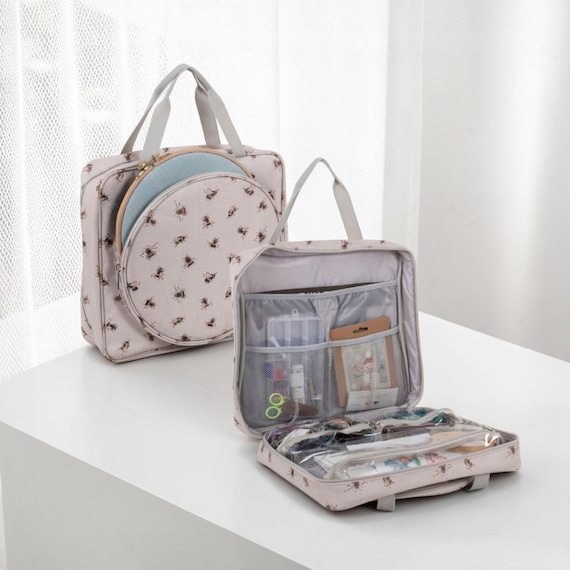 Bee Craft Storage Bag with Hoop Pocket, Embroidery Project Bag, Cross Stitch Organizer