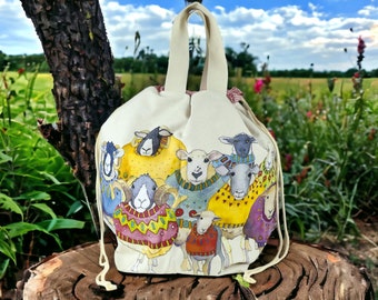 LARGE BUCKET BAG Sheep in Sweaters Design by Emma Ball. Drawstring Top & 2 Handles