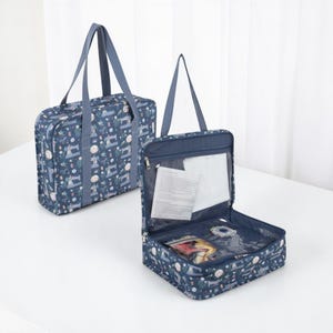 Alles in Einem Projekttasche. Basteltasche im blauen Nähmaschinen Design