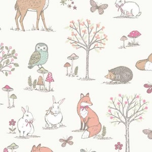 TESSUTO IN COTONE Animali del bosco Crema Venduto al metro o mezzo metro