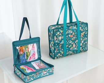 Bird Aviary Fabric Craft Bag: Turquoise Bird and Floral Project Tote