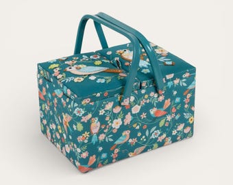 Large Bird Aviary Sewing Box. Twin Lid Embroidered Storage Basket
