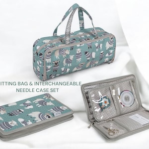 編み物収納セット：編み物バッグと交換可能な針ケース。ウールのプーリーデザイン