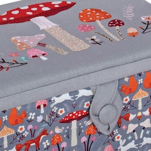 SEWING BASKET BOX Woodland Toadstool Design With an Embroidered Lid Medium Size Available with or without Sewing Accessory Kit image 2