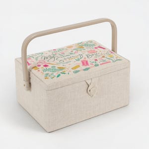 Panier à couture brodé, aspect lin crème « My Sewing Box »