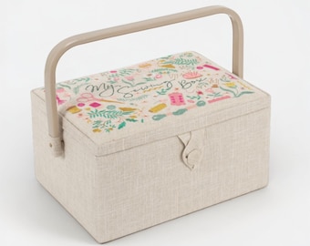 Bestickter Nähkorb, cremefarbener Leinen-Look 'My Sewing Box' Design