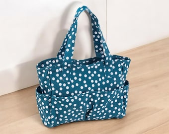 CRAFT BAG Teal Spot Design Lots of Pockets PVC Coated Cotton