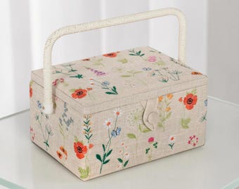 Sewing Box Embroidered Wildflowers Design. Medium Basket with Storage Tray and Pin Cushion