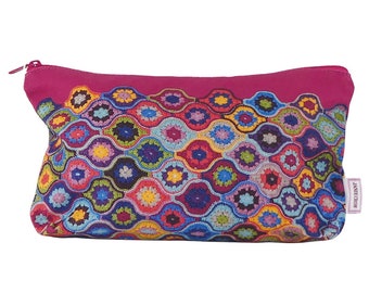 POCHETTE ZIPPÉE « Lanternes mystiques » en coton imprimé crochet. Rangement idéal pour tricot, couture et travaux manuels, maquillage, articles de toilette, papeterie