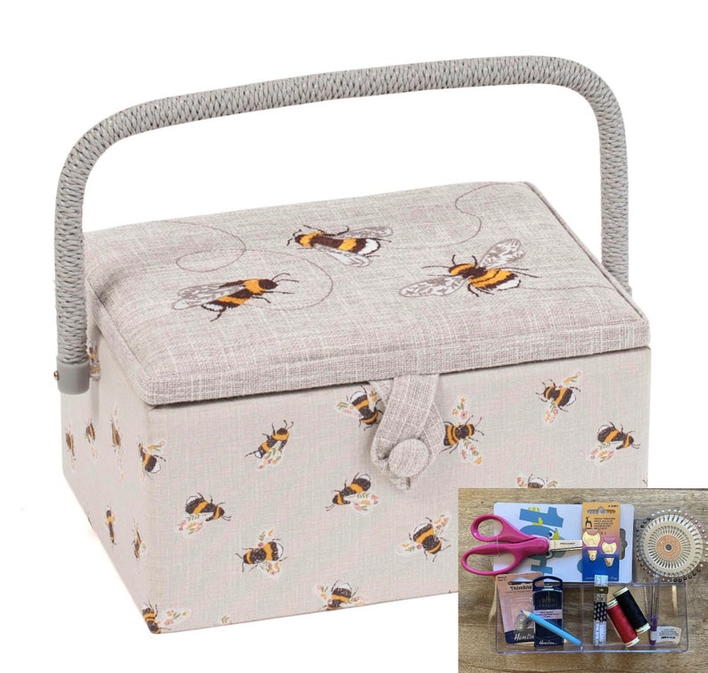 NÄHKORB, besticktes 3-Bienen-Design, mittlere Größe, erhältlich mit oder ohne Nähzubehörset Box + Sewing Kit